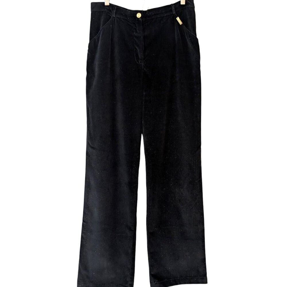 St John Sport Vintage Womens Sz 12 Black Sparkle Velour Straight Wide Leg Pants